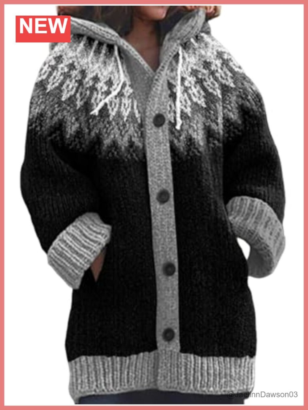 Oversized Hooded Button Down Cardigan Sweater Coat Chunky Knit Fair Isle
